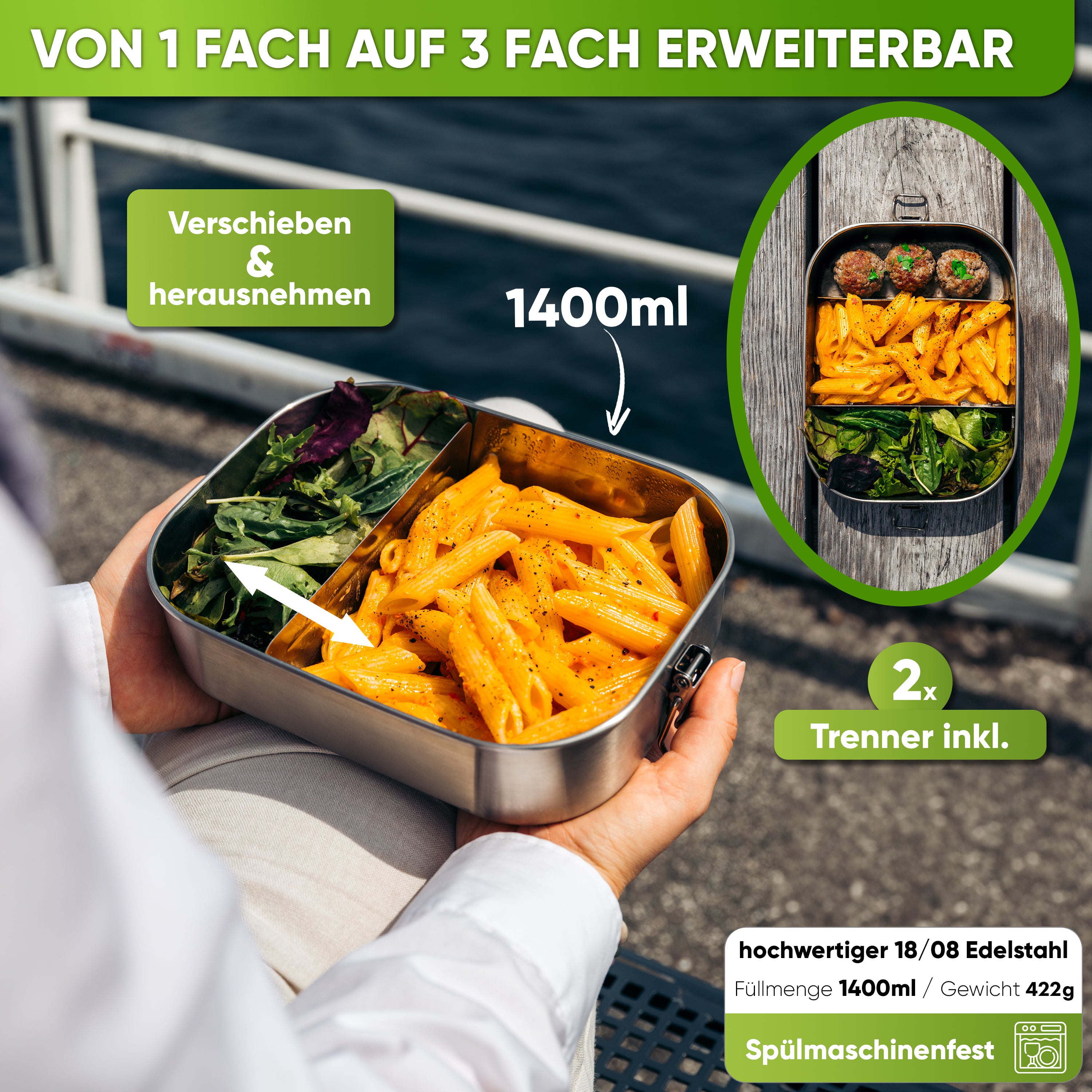 Boîte à pain en acier inoxydable avec 2 séparateurs