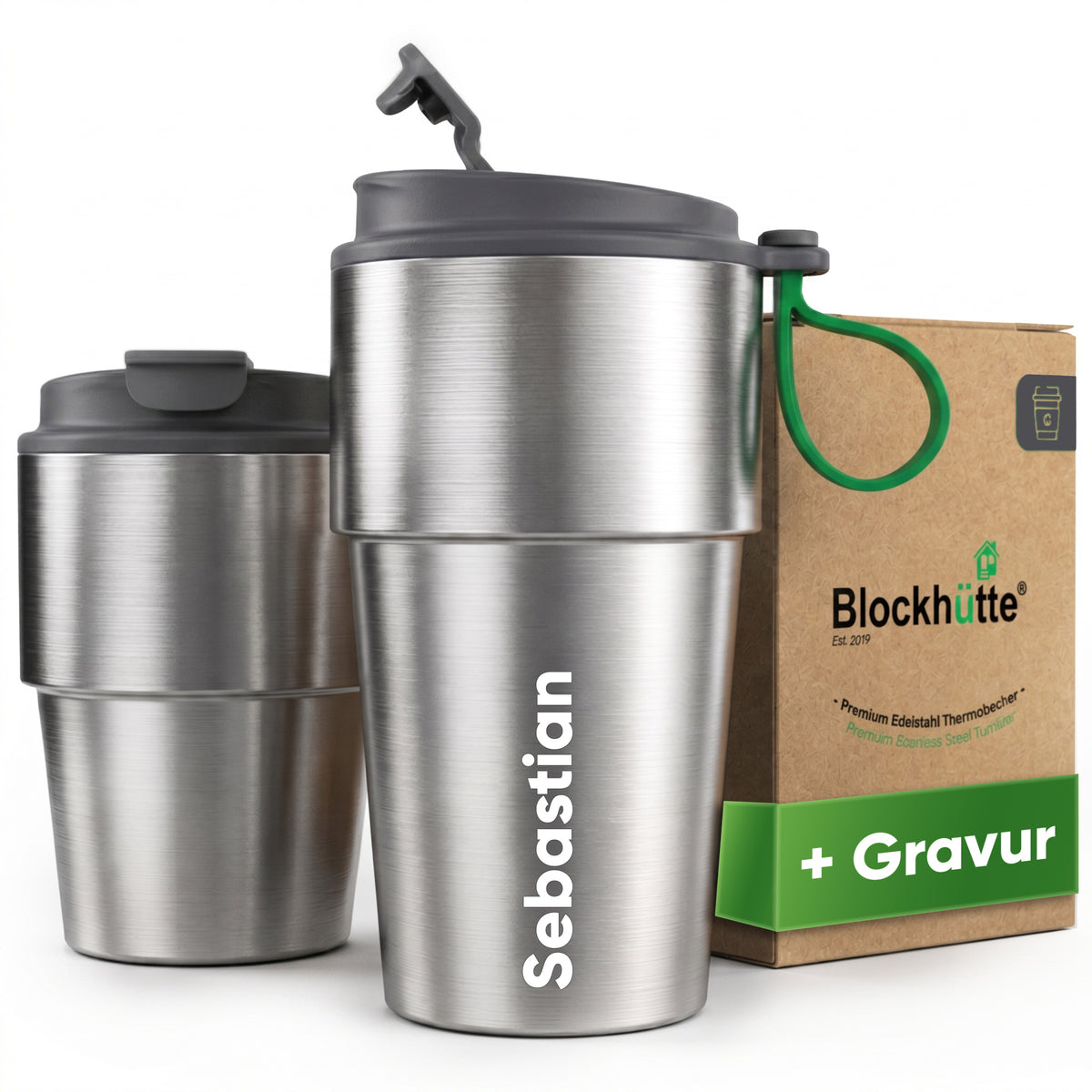 Edelstahl Isolier-Thermobecher mit Namensgravur für Kaffee & Tee – Grau, 350ml