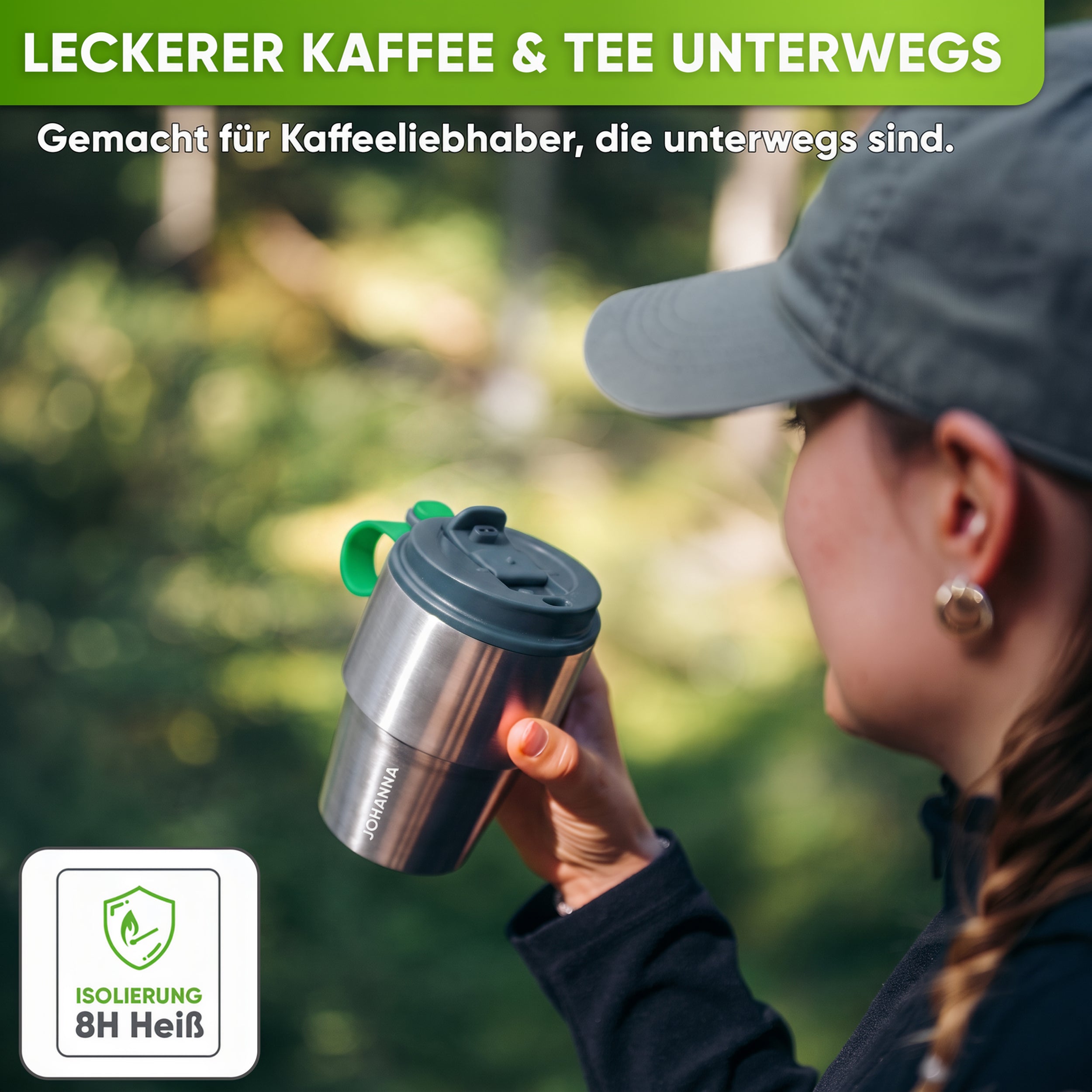 Edelstahl Isolier-Thermobecher mit Namensgravur für Kaffee & Tee – Grau, 350ml, Ansicht 2
