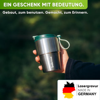Edelstahl Isolier-Thermobecher mit Namensgravur für Kaffee & Tee – Dunkelgrün, 350ml, Ansicht 1