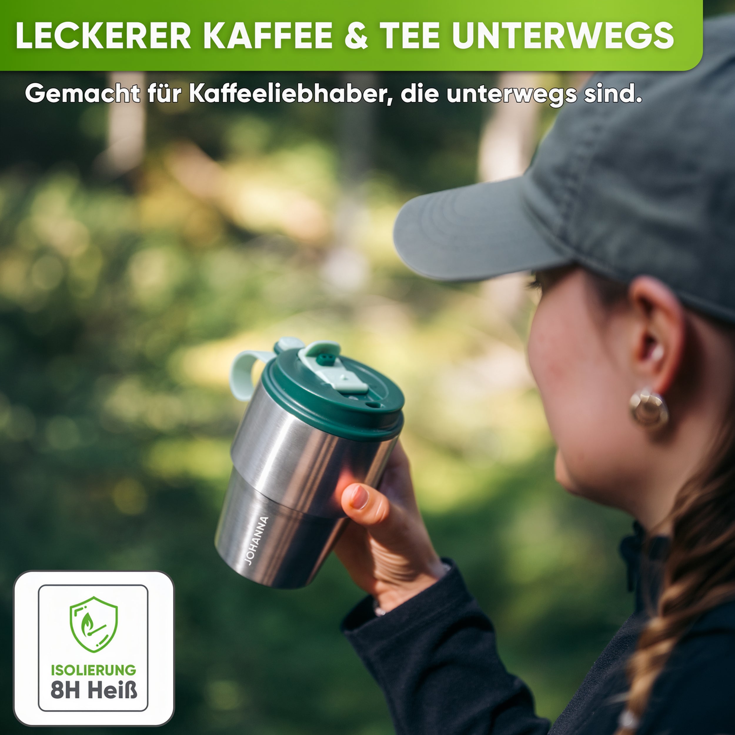 Edelstahl Isolier-Thermobecher mit Namensgravur für Kaffee & Tee – Dunkelgrün, 350ml, Ansicht 2