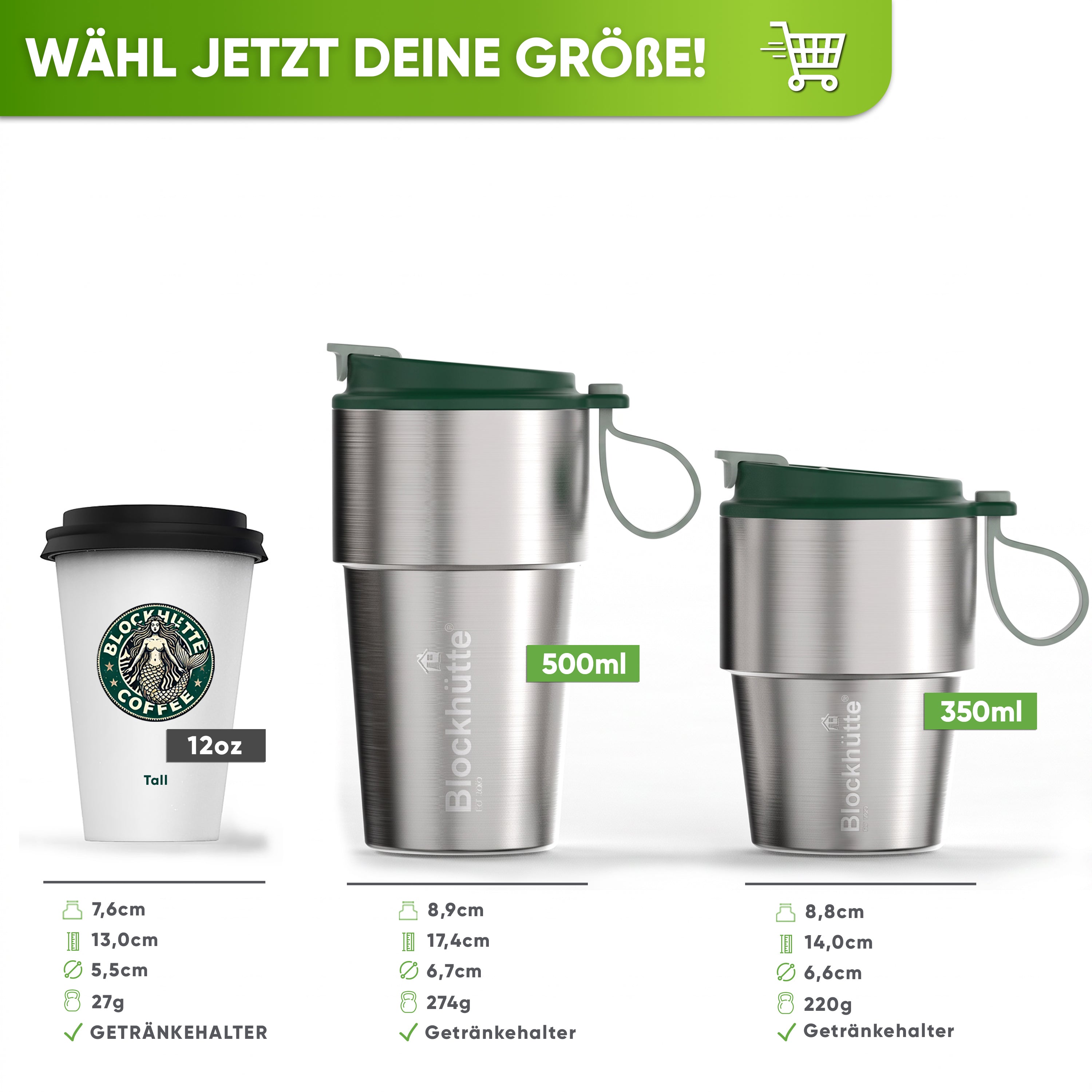 Edelstahl Isolier-Thermobecher mit Namensgravur für Kaffee & Tee – Dunkelgrün, 350ml, Ansicht 4