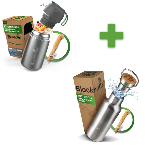 Lunch-Bundle - Thermolunchbox + Edelstahl Trinkflasche - Blockhütte - Thermo Lunchbox + Trinkflasche für Kohlensäure