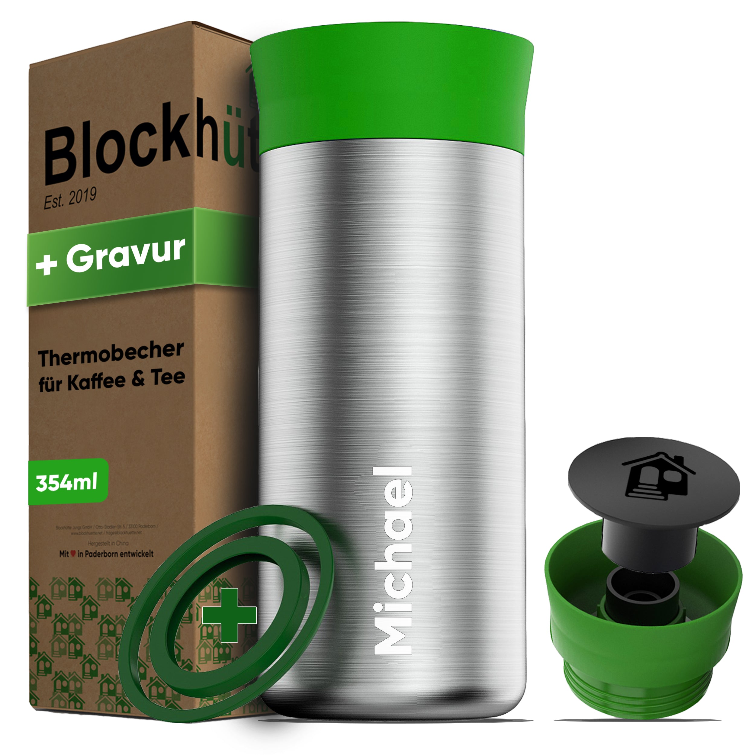 Blockhütte Edelstahl Thermobecher mit Gravur, Deckel, Dichtung und Verpackung - ideal für Kaffee und Tee unterwegs.