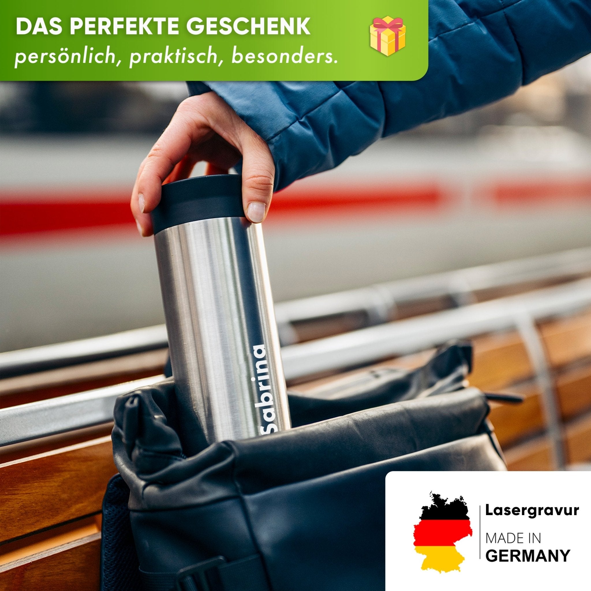 Individual Gravur für den Edelstahl Thermobecher | Blockhütte | Größe: 354ml | Farbe: Schwarz