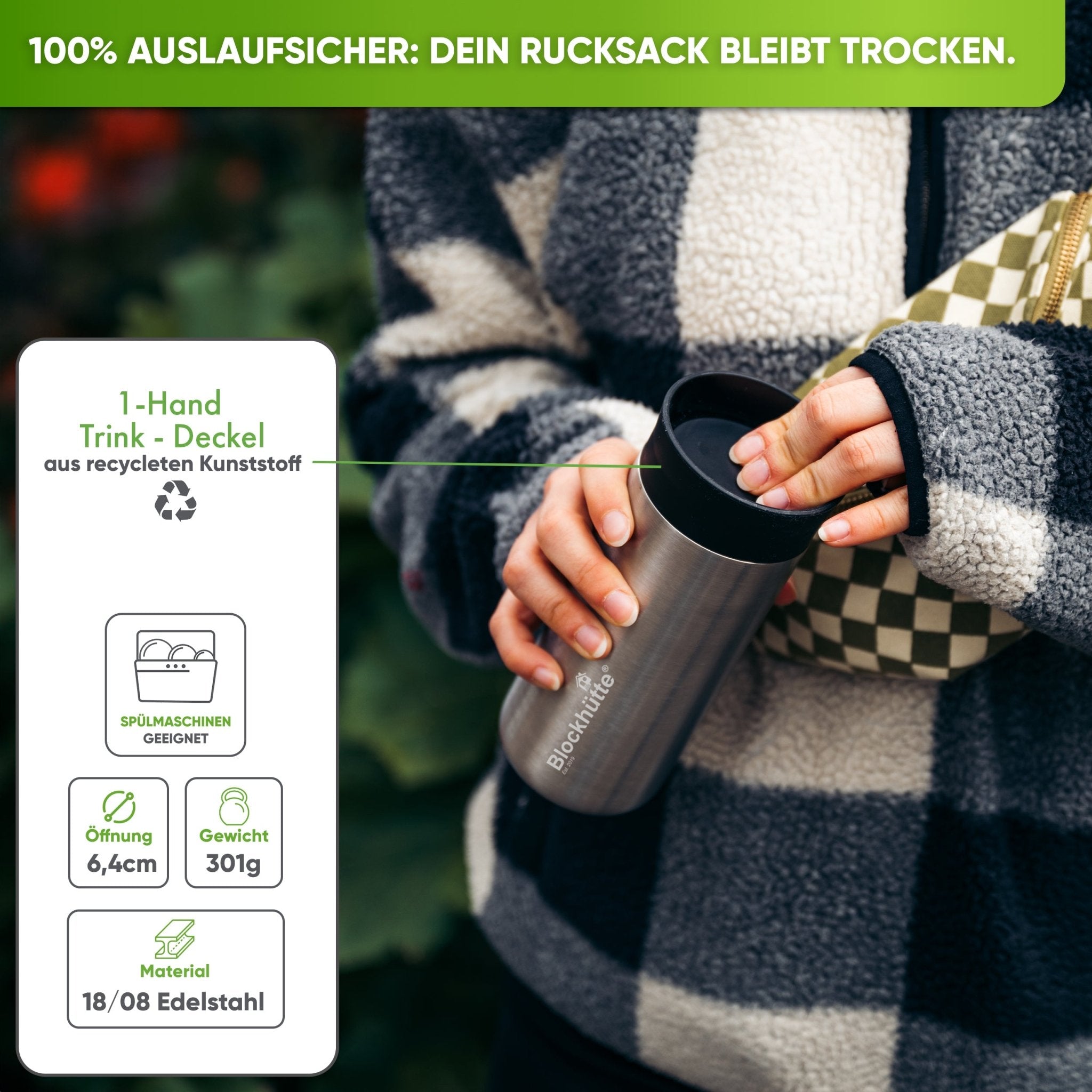 Individual Gravur für den Edelstahl Thermobecher | Blockhütte | Größe: 354ml | Farbe: Schwarz