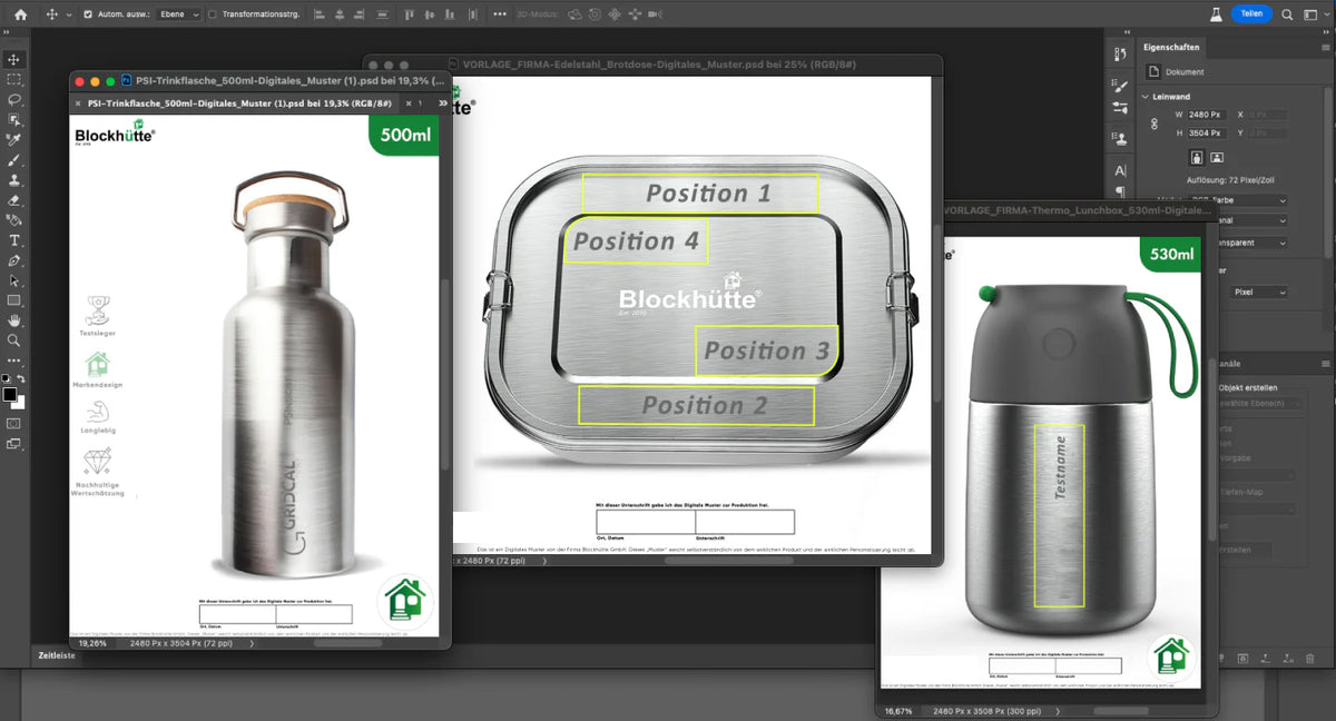Maquette numérique : produits Blockhütte avec les positions du logo dans le logiciel graphique