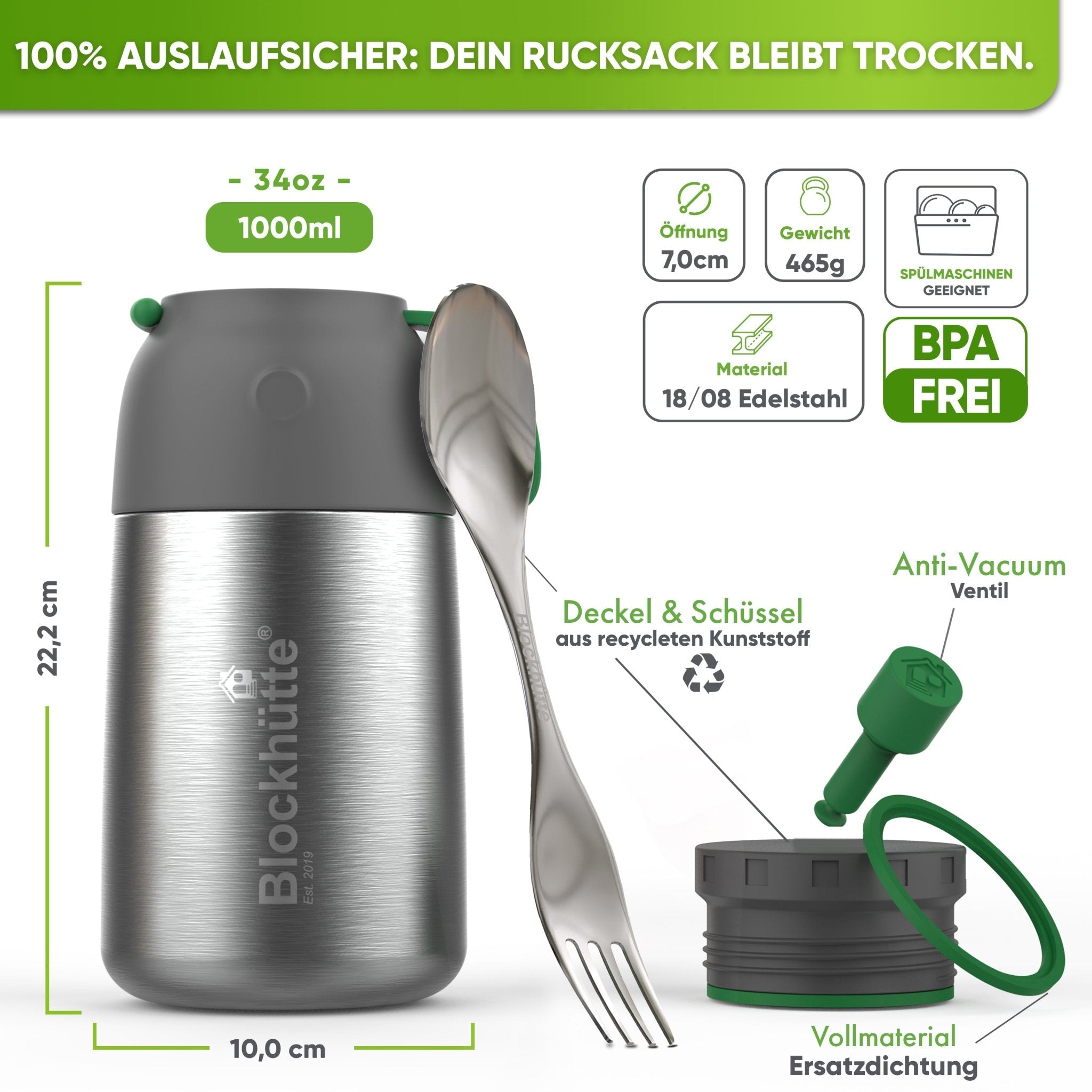 Edelstahl Thermo Lunchbox mit Anti - Vakuum Stöpsel | 1000ml |