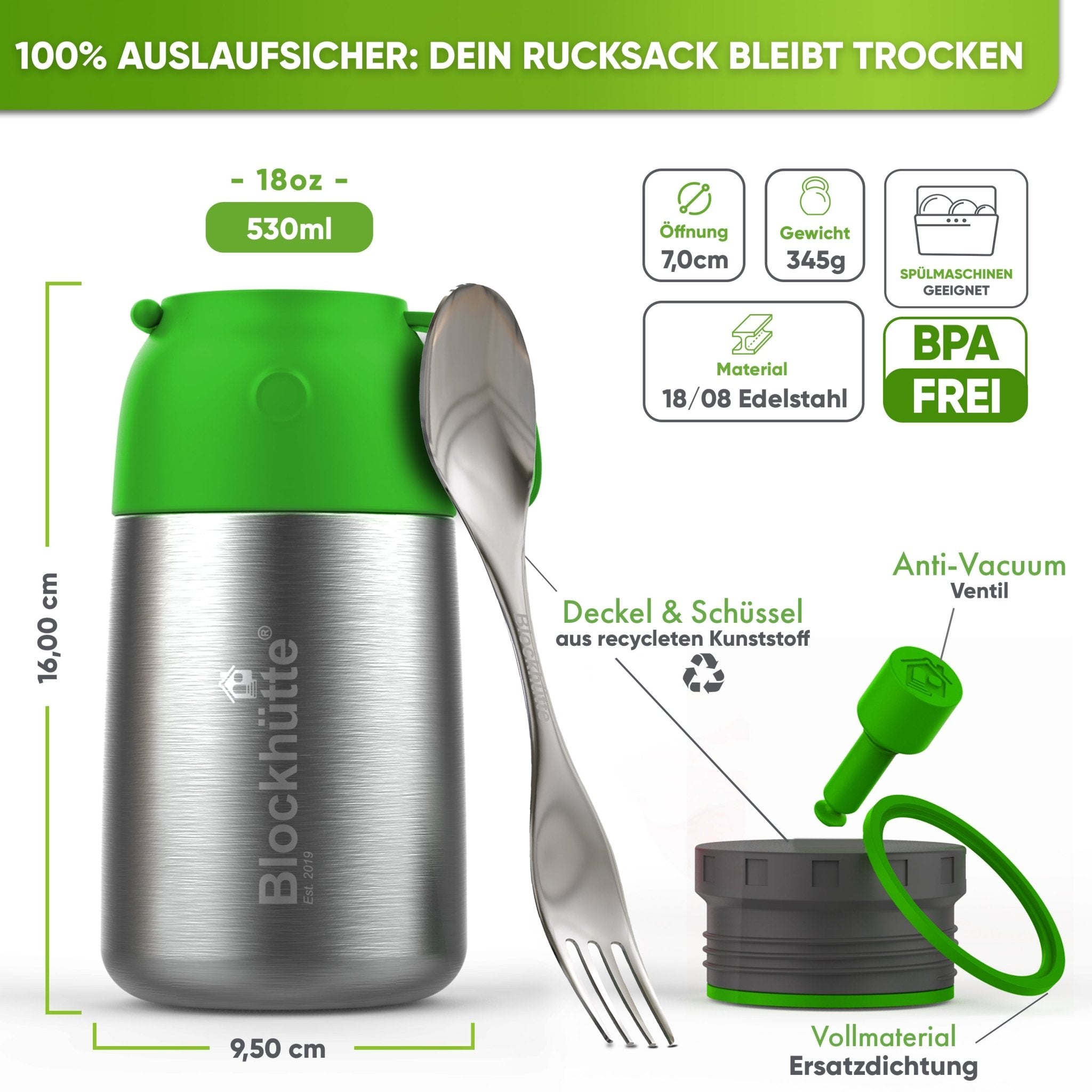Edelstahl Thermobehälter für Essen - Blockhütte - BH0022-SCHWARZ