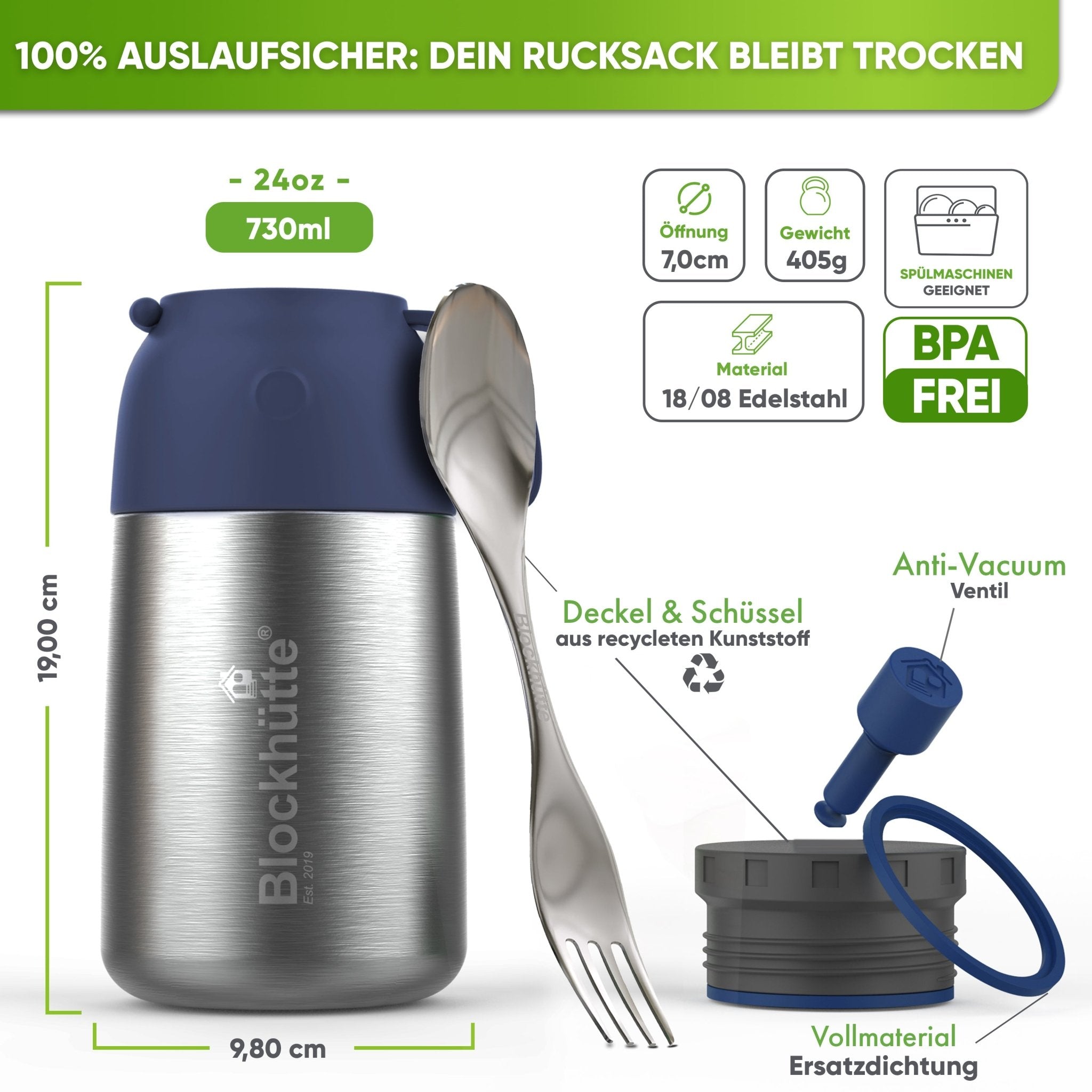 Edelstahl Thermobehälter für Essen - Blockhütte - BH0022-SCHWARZ