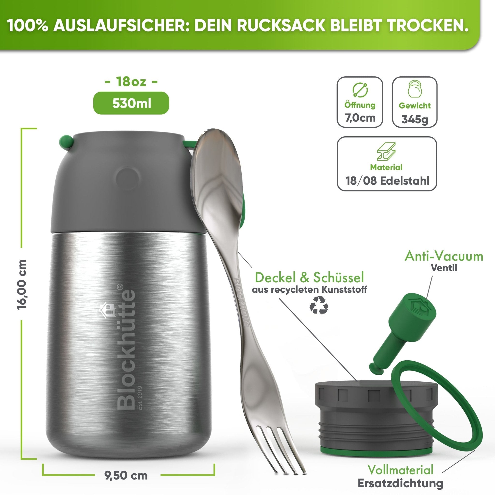 Edelstahl Thermobehälter mit Anti - Vakuum Stöpsel - Blockhütte - BH0022