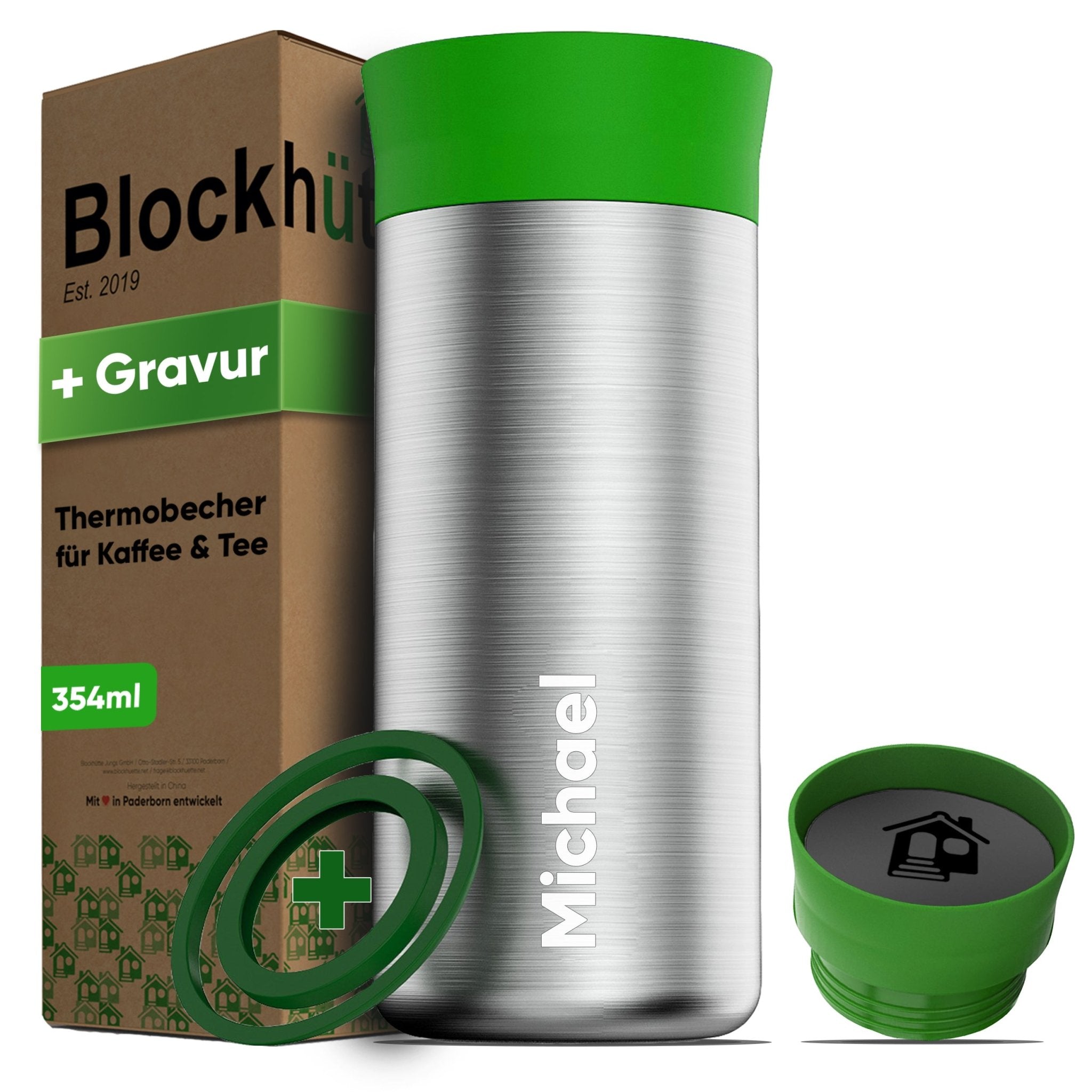 Individual Gravur für den Edelstahl Thermobecher | Blockhütte | Größe: 354ml | Farbe: Giftgrün