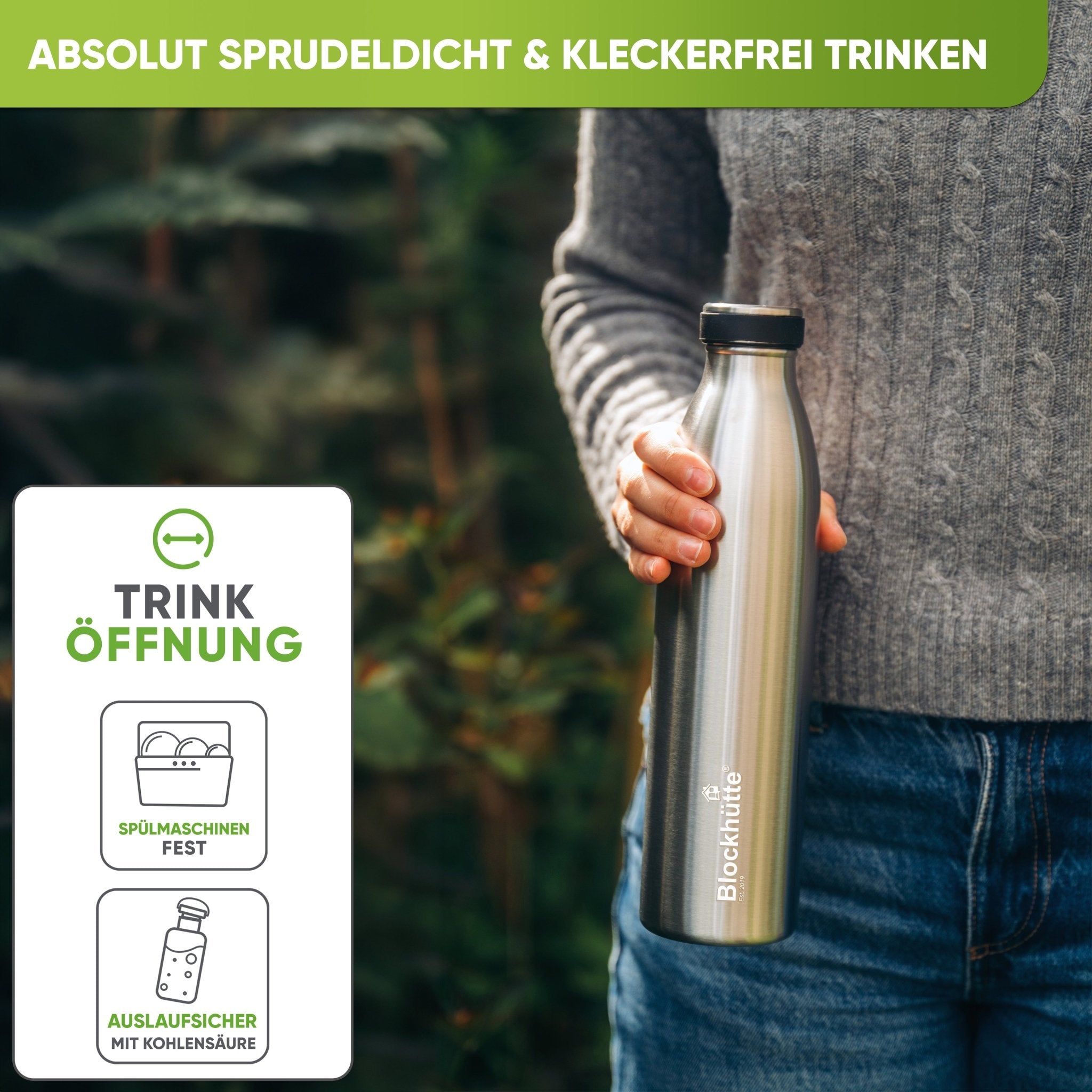 Premium Edelstahl Sport Trinkflasche isoliert mit [GRATIS Naturborsten - Bürste] - Blockhütte - BH0016