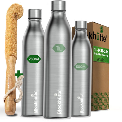 Premium Edelstahl Sport Trinkflasche isoliert mit [GRATIS Naturborsten - Bürste] - Blockhütte - BH0015
