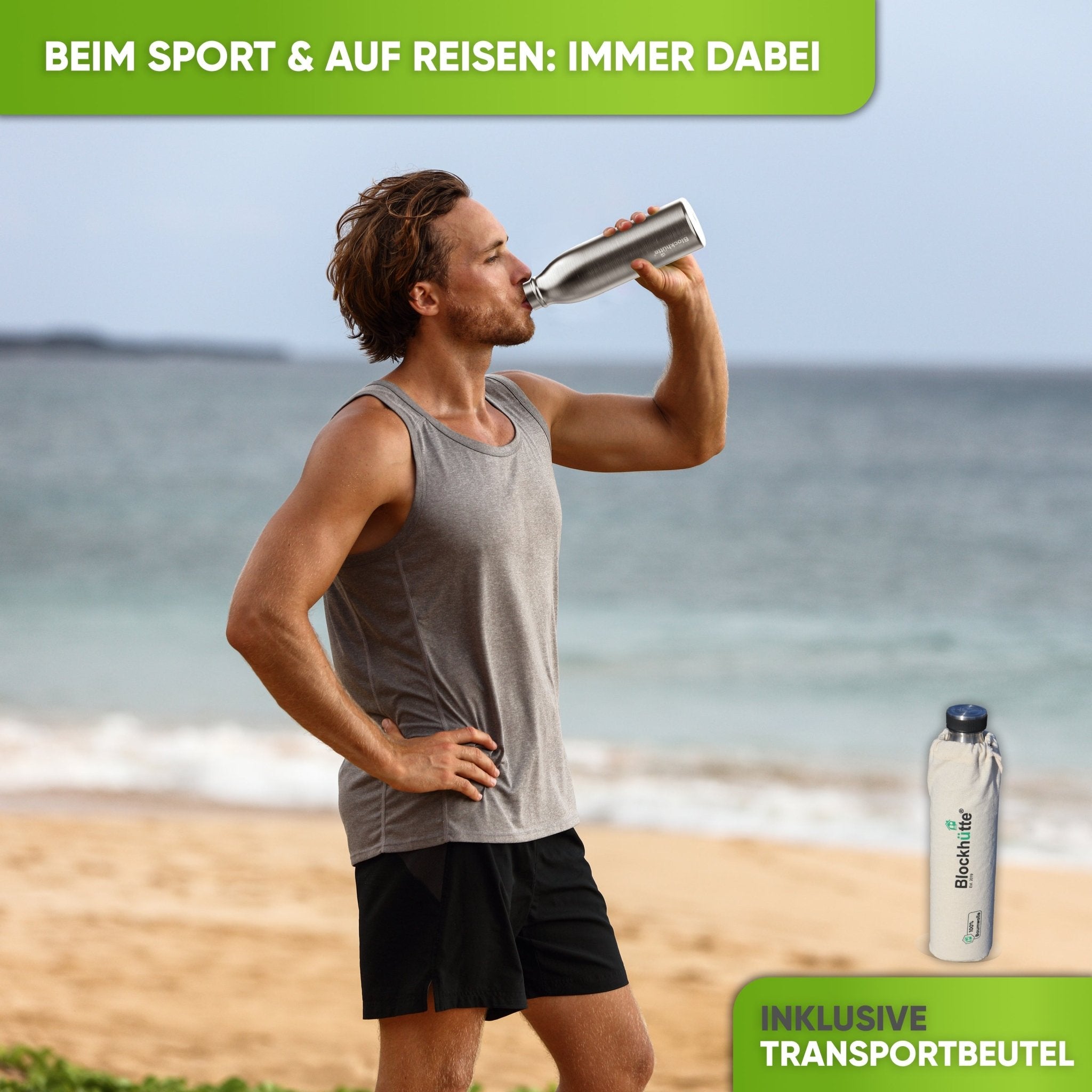 Premium Edelstahl Sport Trinkflasche isoliert mit [GRATIS Naturborsten - Bürste] - Blockhütte - BH0016