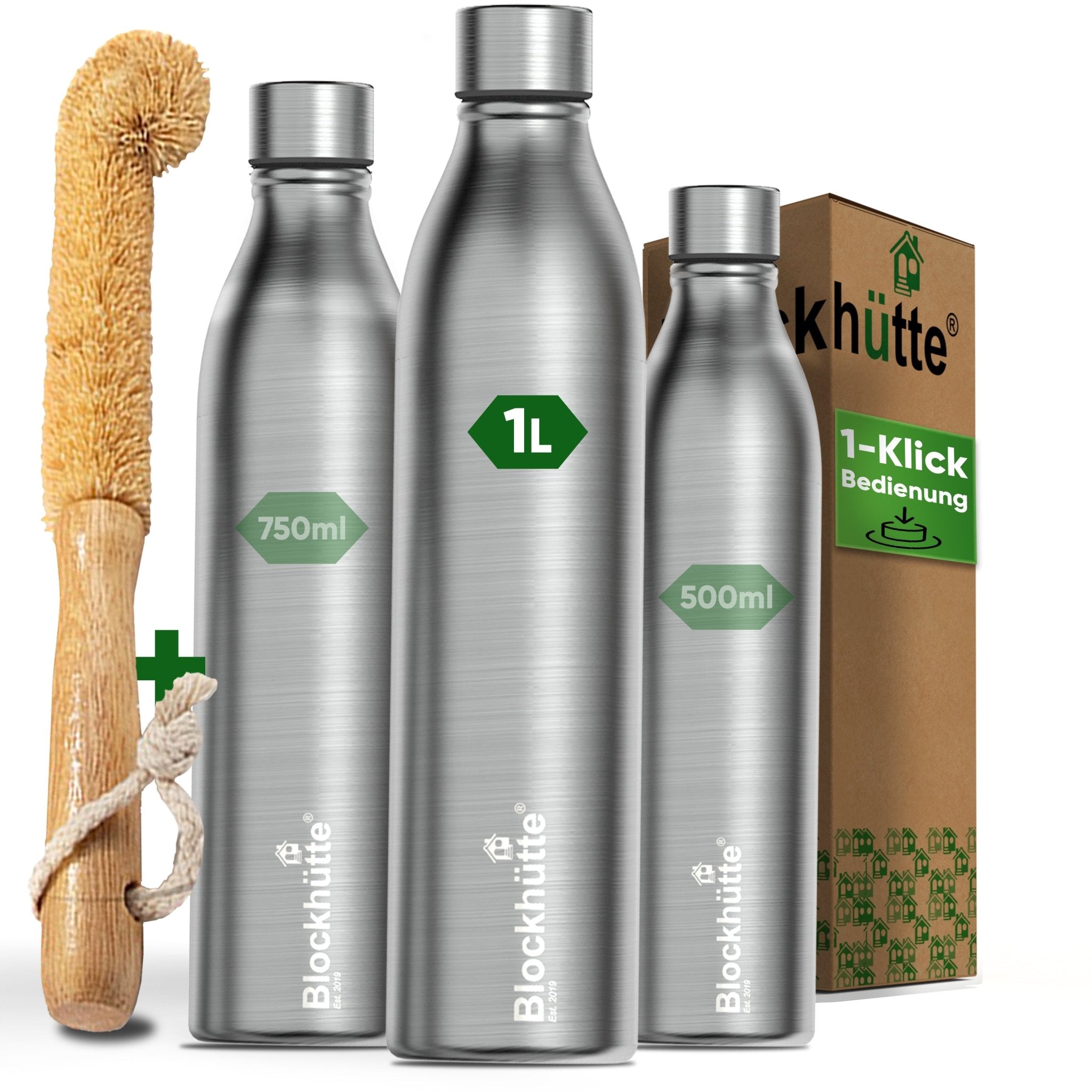 Premium Edelstahl Sport Trinkflasche isoliert mit [GRATIS Naturborsten - Bürste] - Blockhütte - BH0016