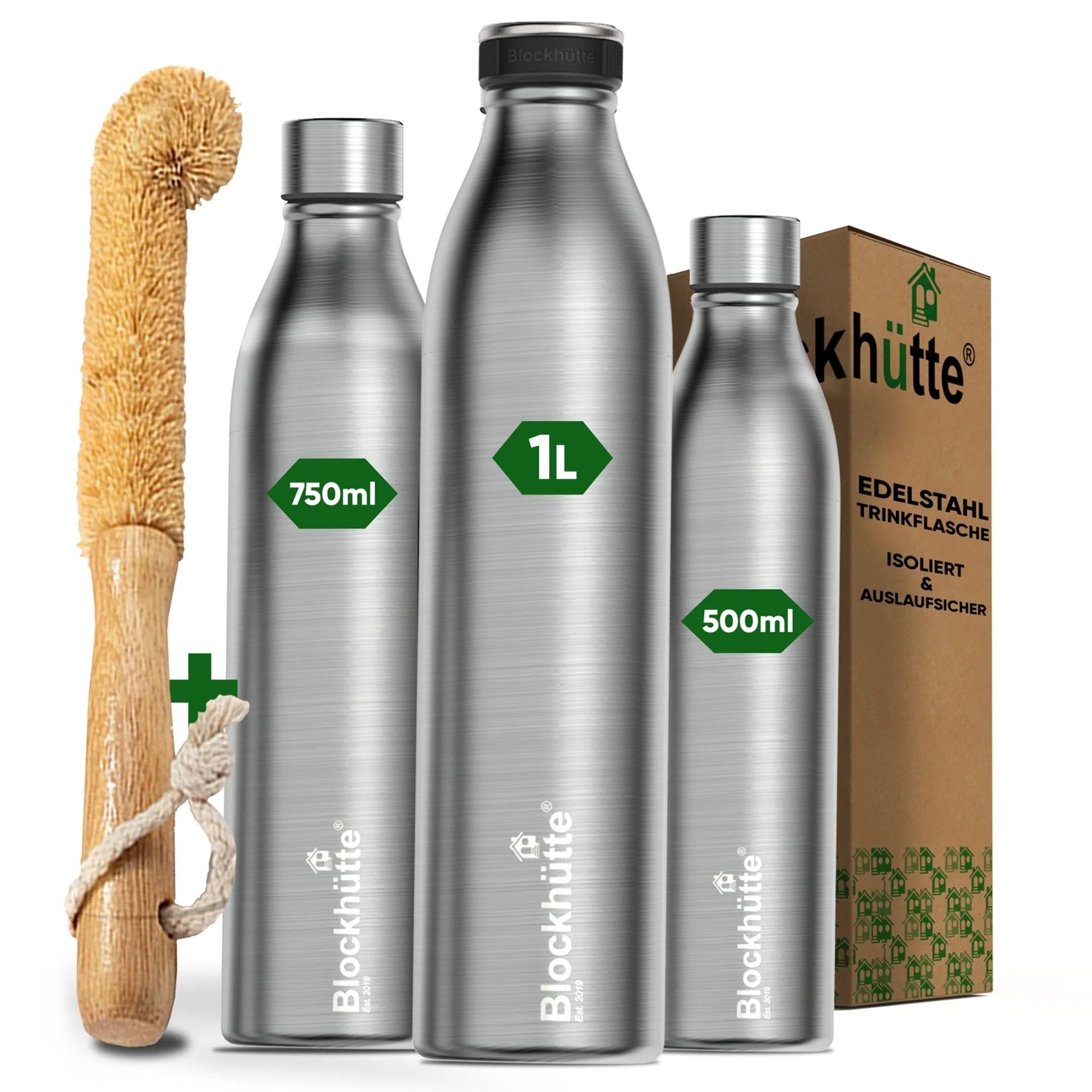 Premium Edelstahl Sport Trinkflasche isoliert mit [GRATIS Naturborsten - Bürste] - Blockhütte - BH0021