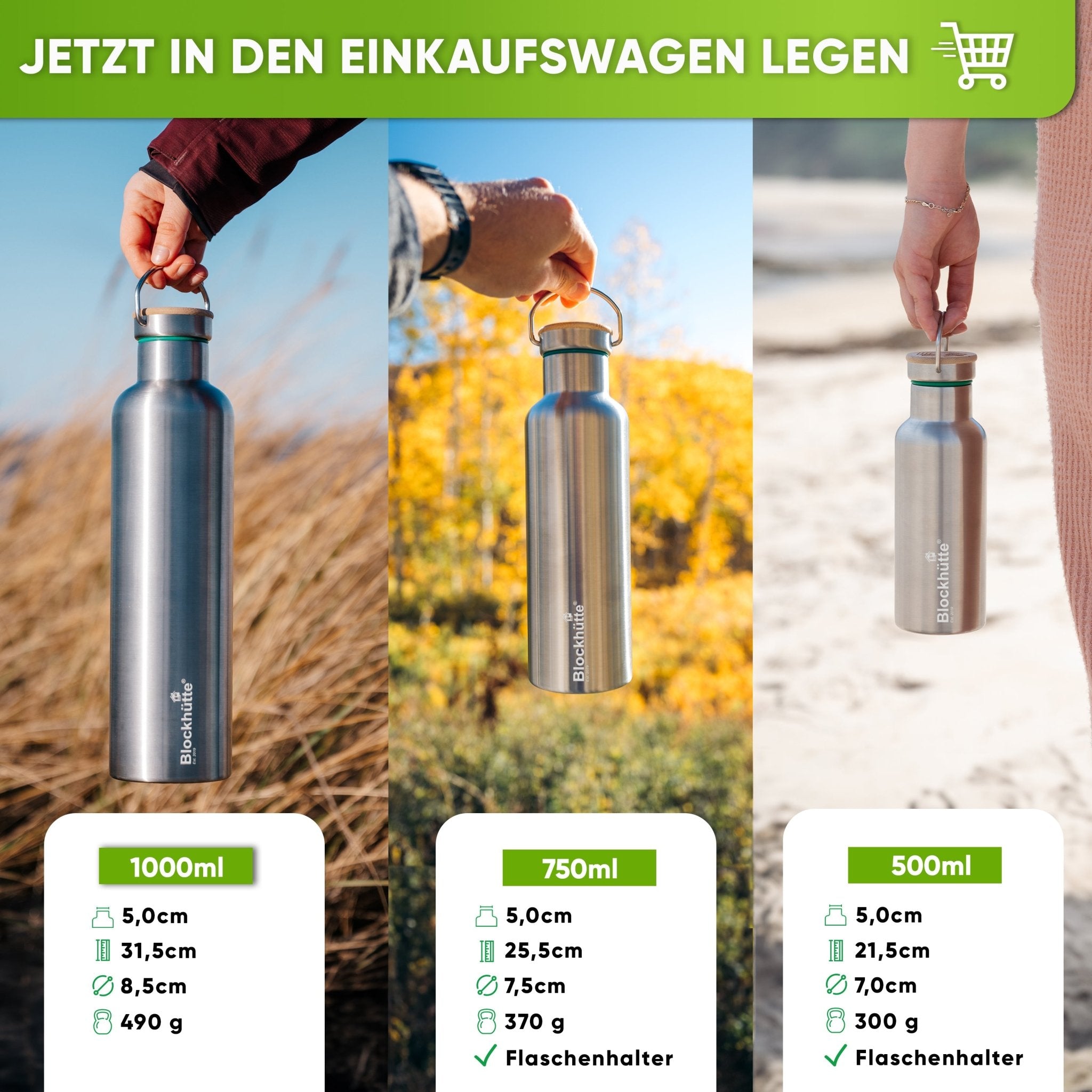 Premium Edelstahl Trinkflasche isoliert - Blockhütte - BH0006