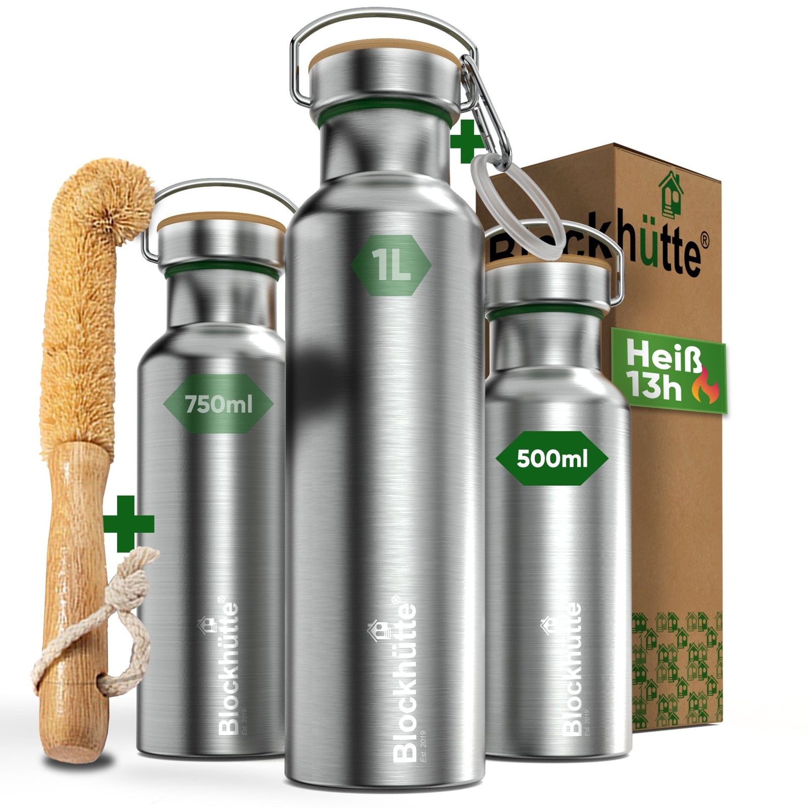 Premium Edelstahl Trinkflasche isoliert - Blockhütte - BH0006