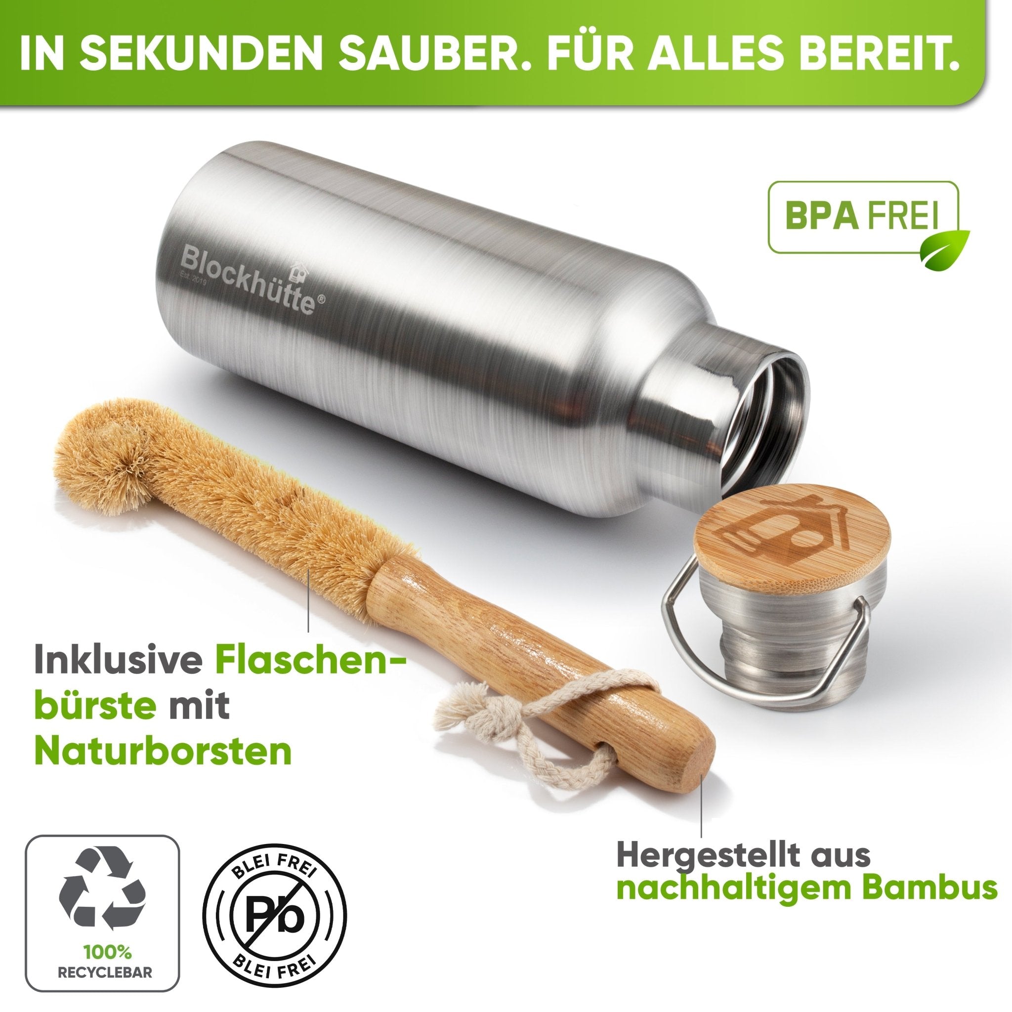 Premium Edelstahl Trinkflasche isoliert - Blockhütte - BH0007