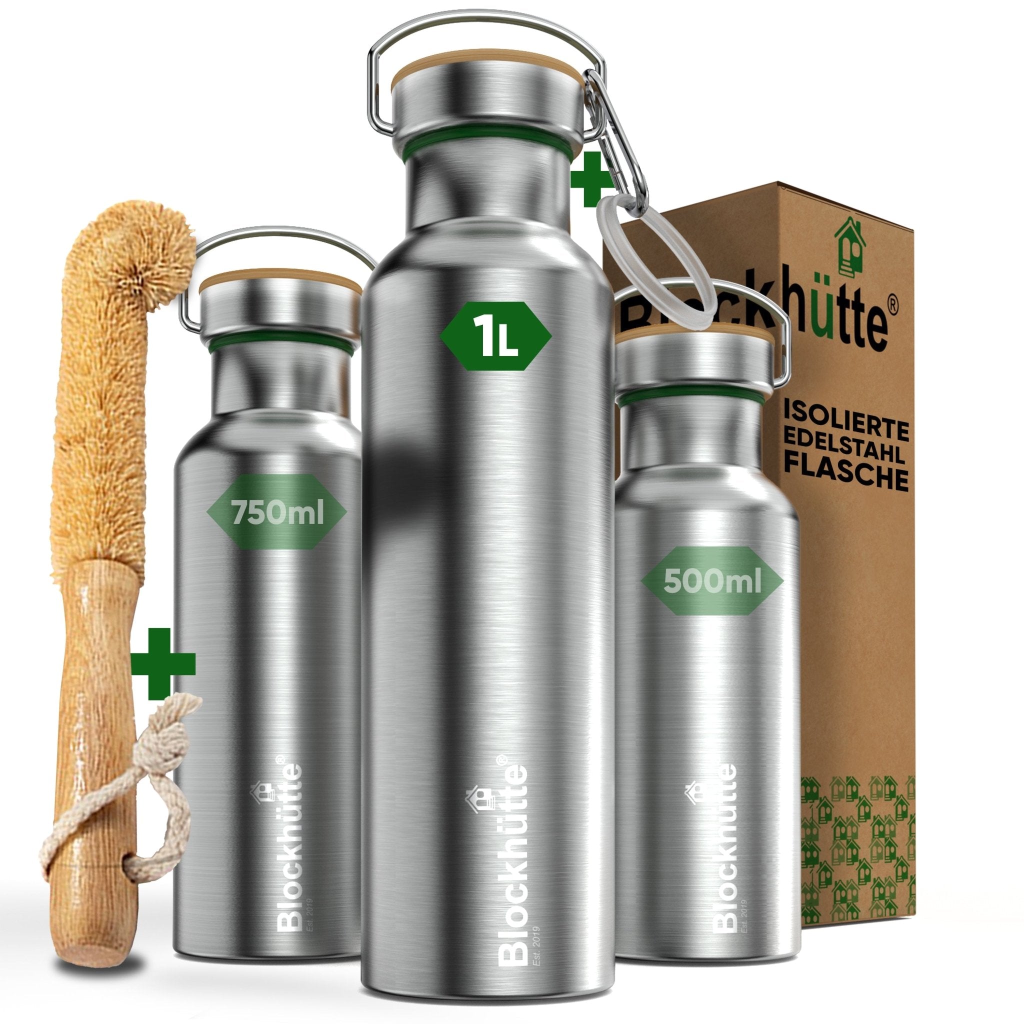 Premium Edelstahl Trinkflasche isoliert - Blockhütte - BH0013