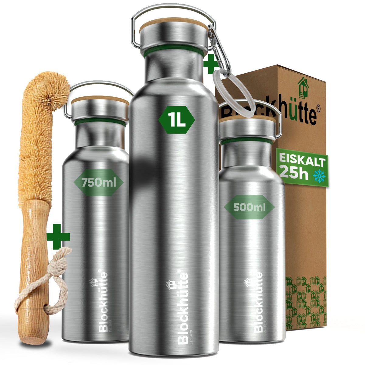Premium Edelstahl Trinkflasche isoliert mit [GRATIS Bürste] - Blockhütte - BH0013