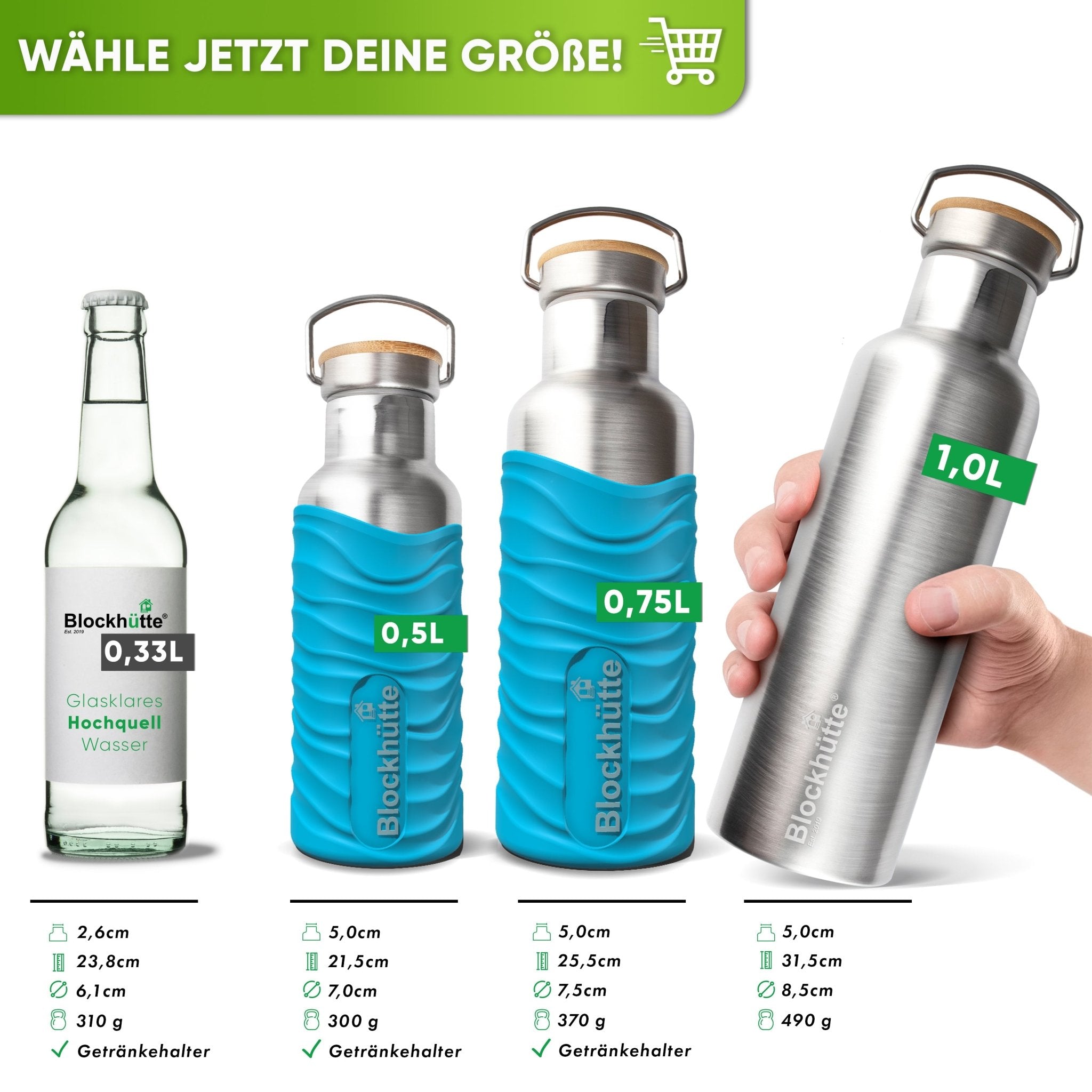 Premium Edelstahl Trinkflasche isoliert mit Silikonmantel - Blockhütte - BH0007-BLAU
