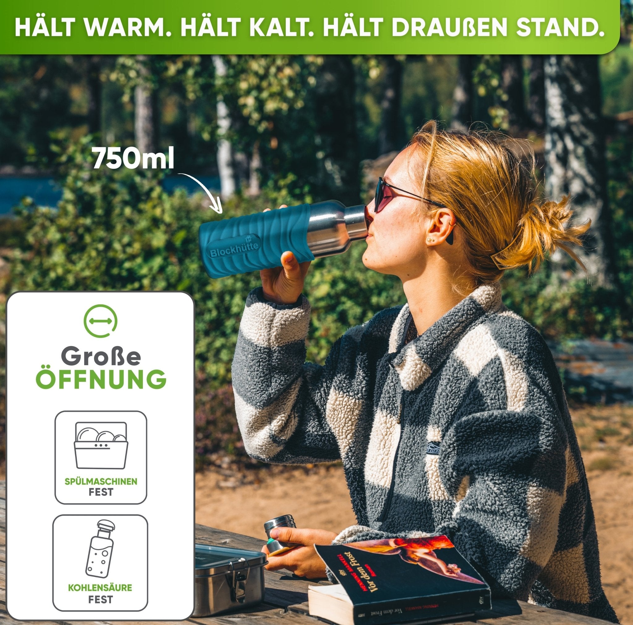 Premium Edelstahl Trinkflasche isoliert mit Silikonmantel | 750ml | Türkis | Im Einsatz
