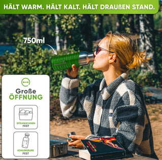 Premium Edelstahl Trinkflasche isoliert mit Silikonmantel | 750ml | Giftgrün | Im Einsatz