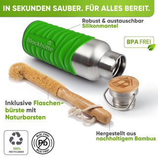 Premium Edelstahl Trinkflasche isoliert mit Silikonmantel | Giftgrün | Flaschenbürste & Silikonmantel