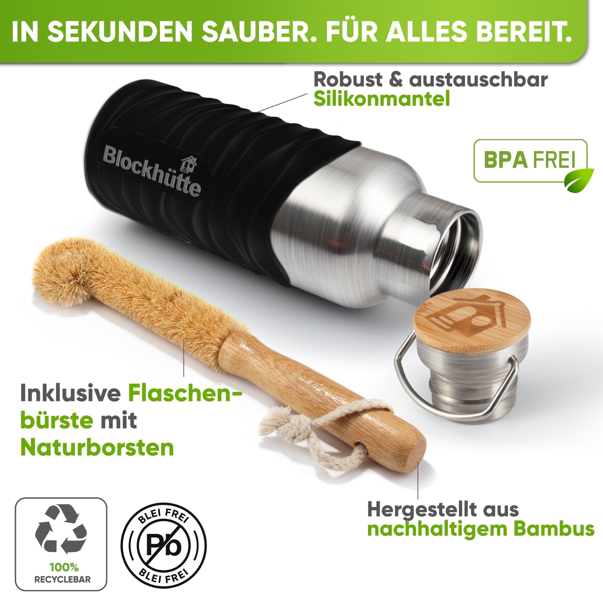 Premium Edelstahl Trinkflasche isoliert mit Silikonmantel | Schwarz | Flaschenbürste & Silikonmantel