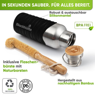 Premium Edelstahl Trinkflasche isoliert mit Silikonmantel | Schwarz | Flaschenbürste & Silikonmantel