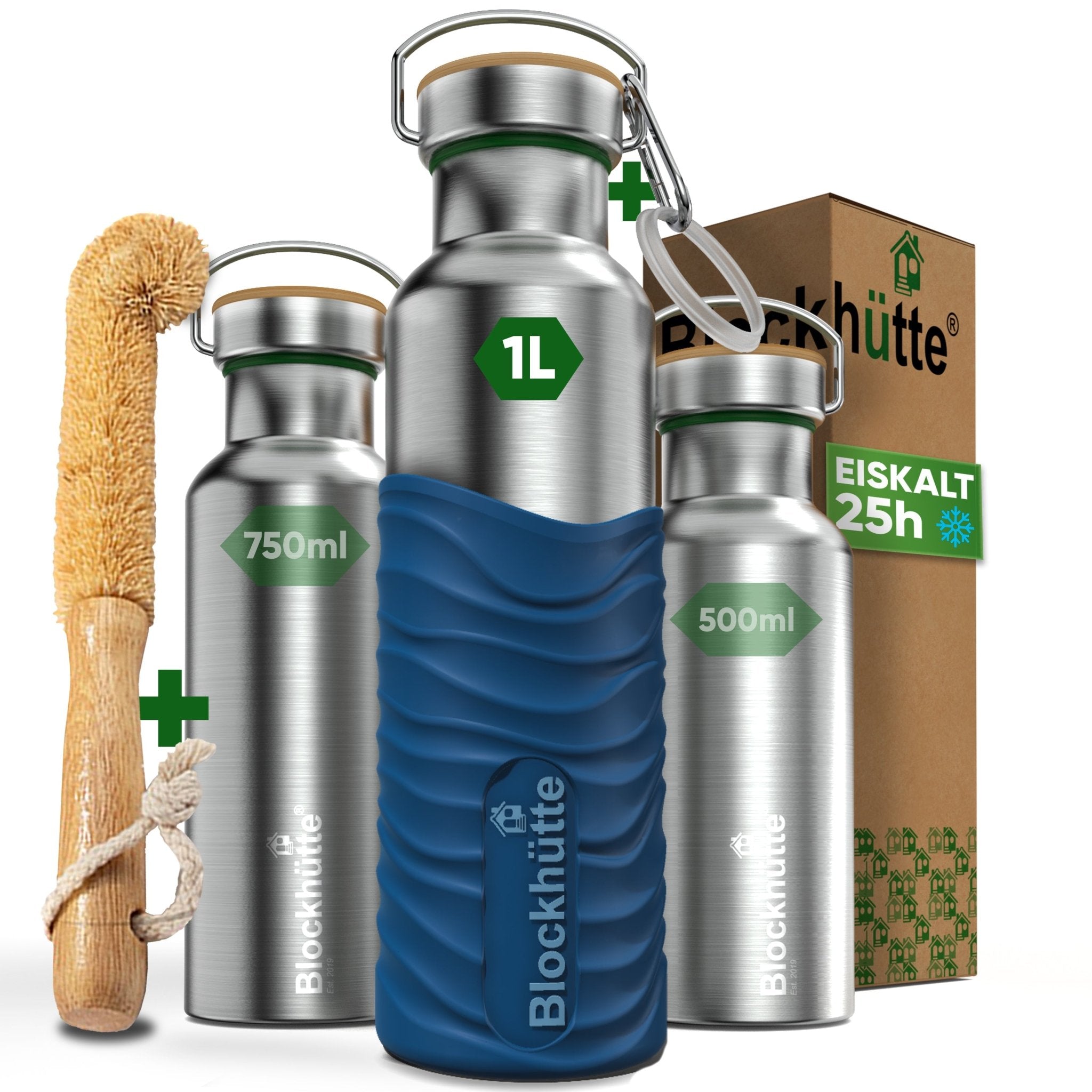 Premium Edelstahl Trinkflasche isoliert mit Silikonmantel | 1000ml | Blau | Hauptbild