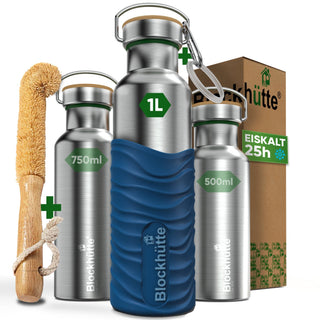 Premium Edelstahl Trinkflasche isoliert mit Silikonmantel | 1000ml | Blau | Hauptbild