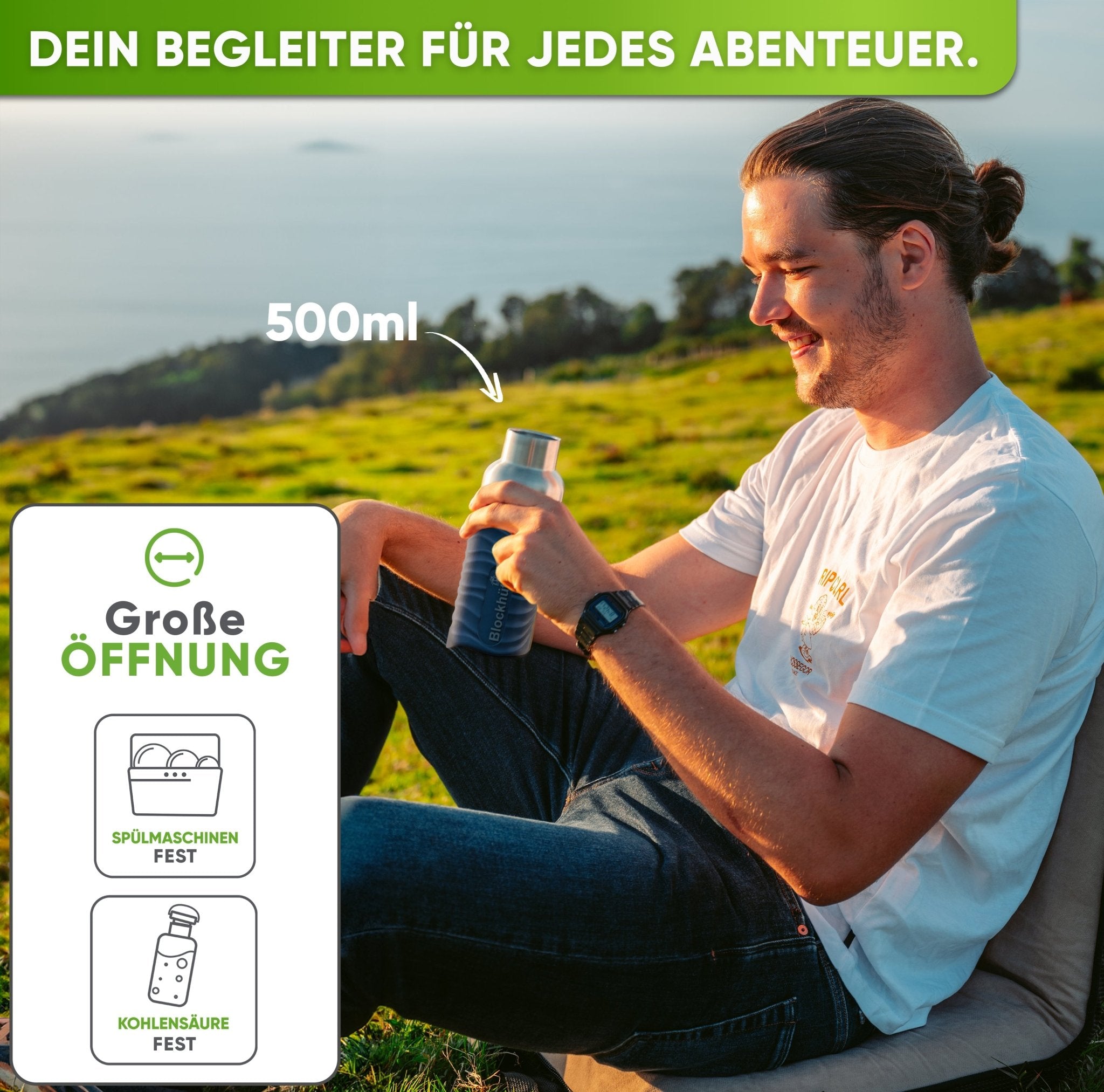 Premium Edelstahl Trinkflasche isoliert mit Silikonmantel | 500ml | Blau | Im Einsatz