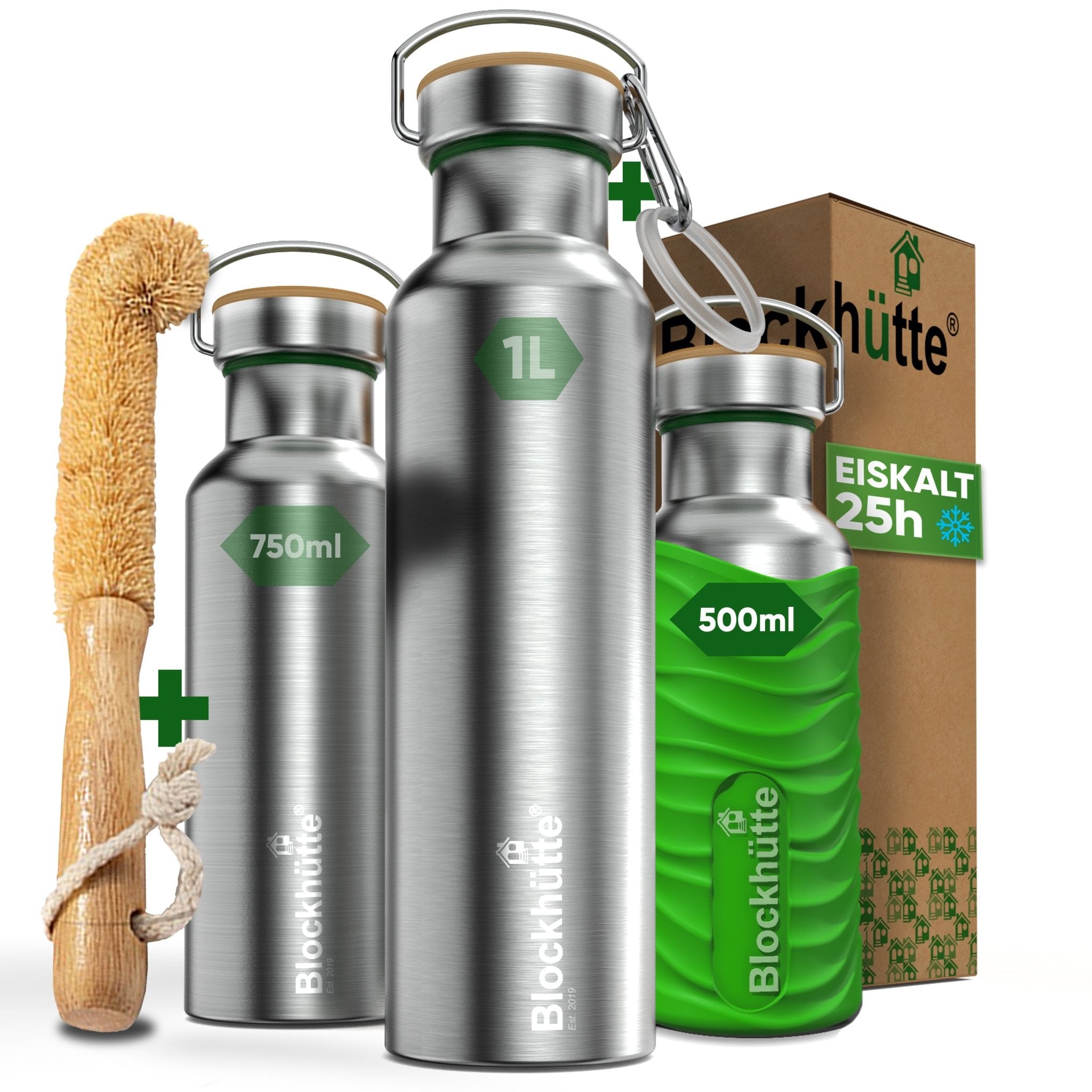 Premium Edelstahl Trinkflasche isoliert mit Silikonmantel | 500ml | Giftgrün | Hauptbild