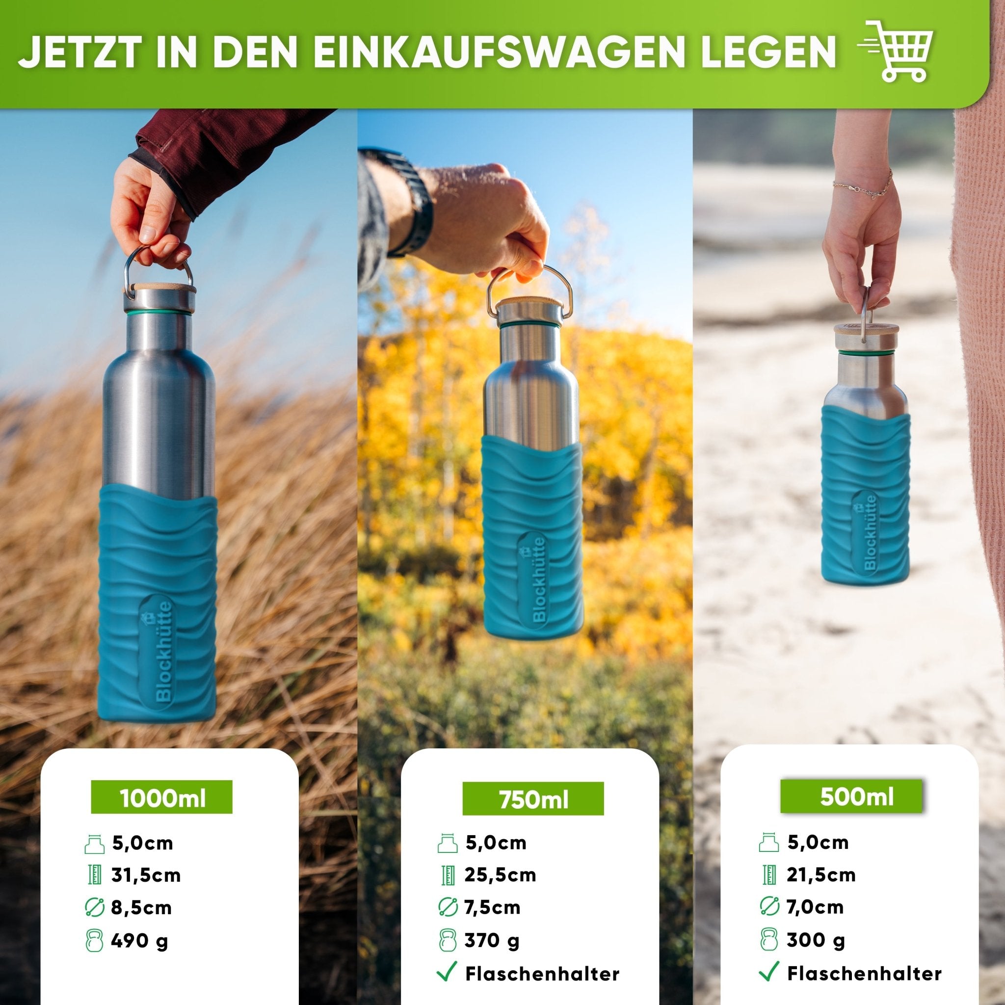 Premium Edelstahl Trinkflasche isoliert mit Silikonmantel | Türkis | Größenvergleich