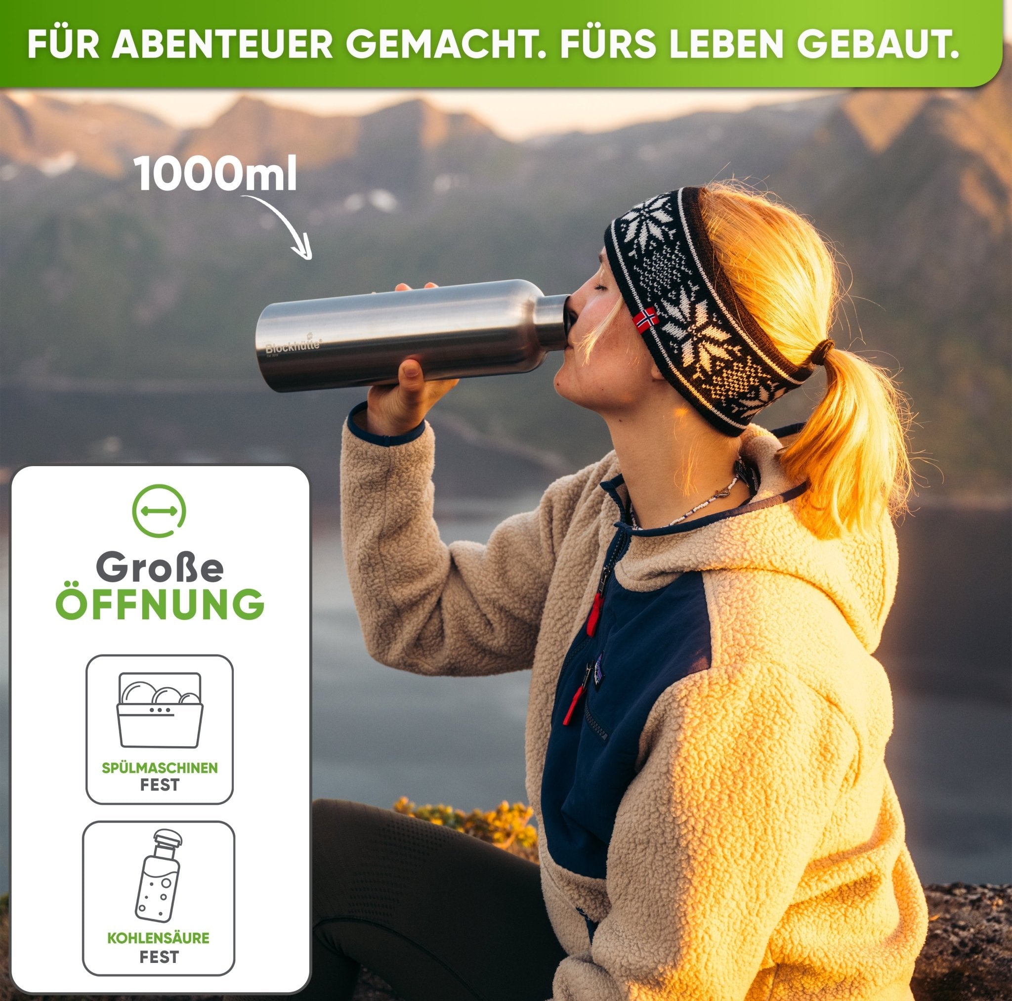 Premium Edelstahl Trinkflasche isoliert mit Silikonmantel - Blockhütte - BH0007-BLAU