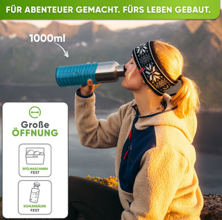 Premium Edelstahl Trinkflasche isoliert mit Silikonmantel | 1000ml | Türkis | Im Einsatz