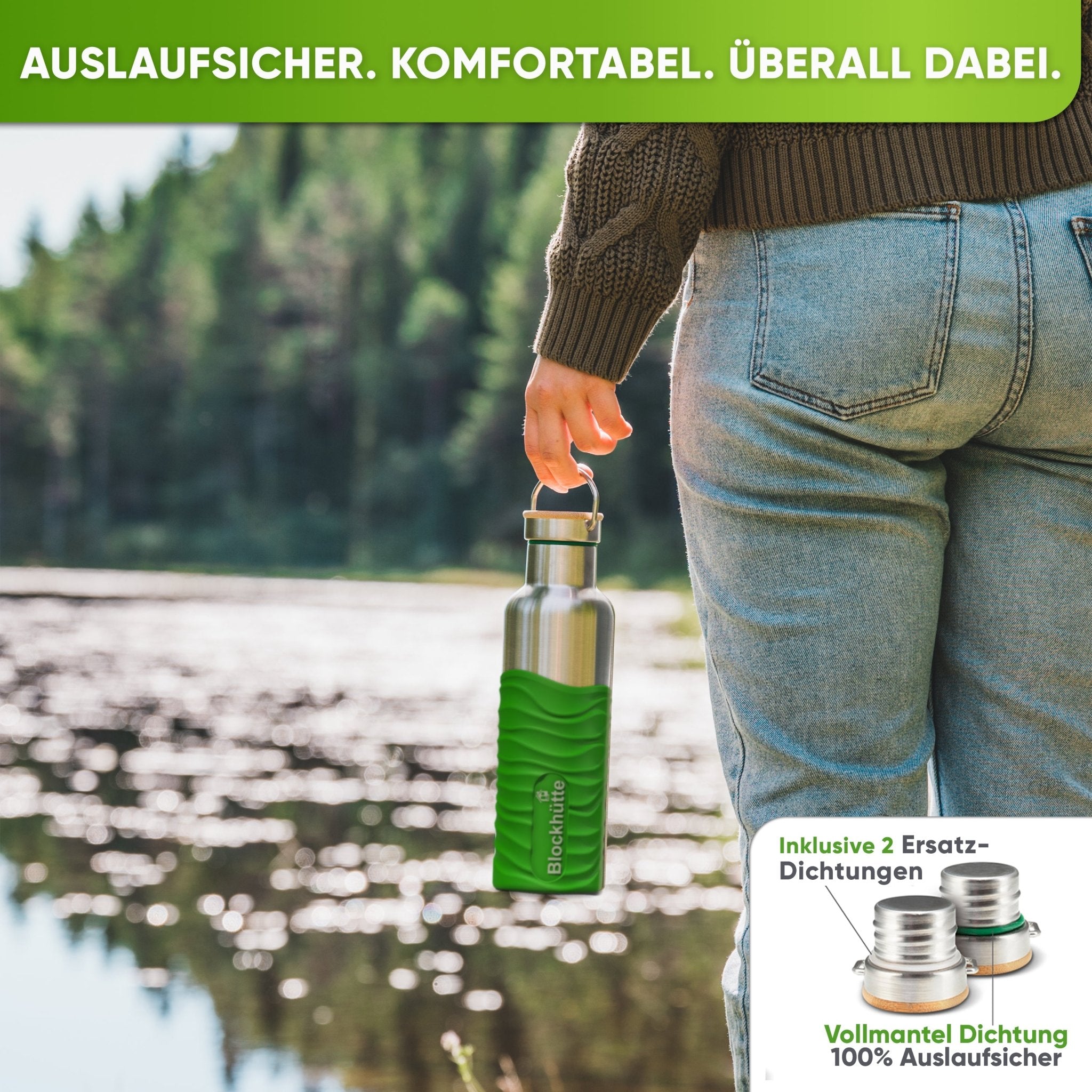 Premium Edelstahl Trinkflasche isoliert mit Silikonmantel | 750ml | Giftgrün | Auslaufsicher