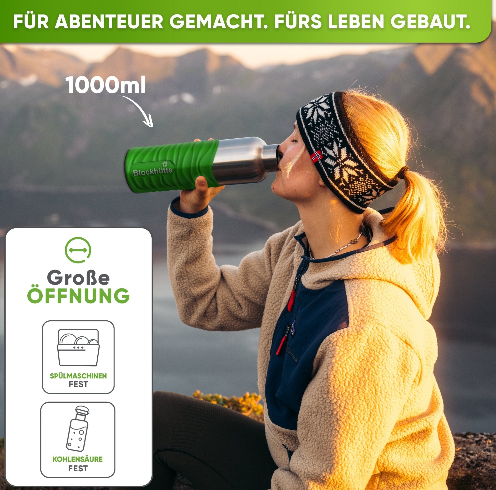 Premium Edelstahl Trinkflasche isoliert mit Silikonmantel | 1000ml | Giftgrün | Im Einsatz