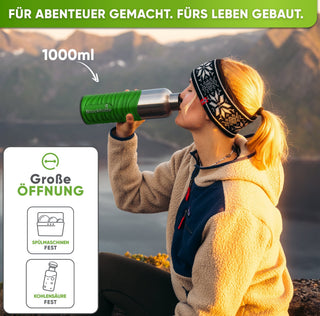 Premium Edelstahl Trinkflasche isoliert mit Silikonmantel | 1000ml | Giftgrün | Im Einsatz