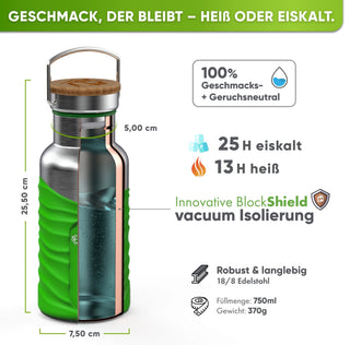 Premium Edelstahl Trinkflasche isoliert mit Silikonmantel | 750ml | Giftgrün | Isolierung & Maße