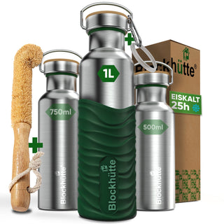 Premium Edelstahl Trinkflasche isoliert mit Silikonmantel | 1000ml | Dunkelgrün | Hauptbild