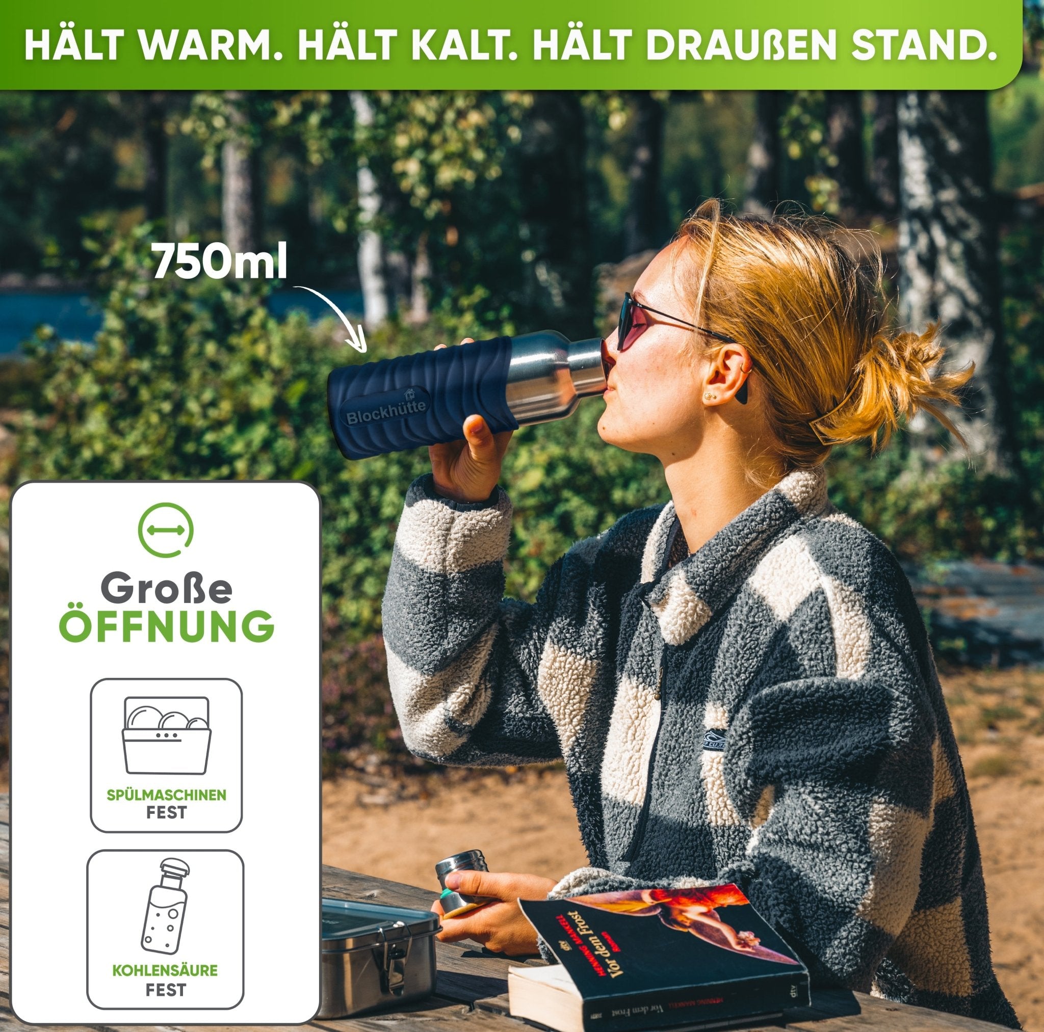Premium Edelstahl Trinkflasche isoliert mit Silikonmantel | 750ml | Blau | Im Einsatz