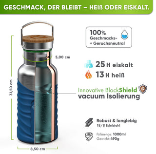 Premium Edelstahl Trinkflasche isoliert mit Silikonmantel | 1000ml | Blau | Isolierung & Maße