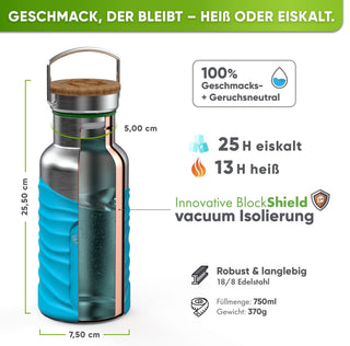 Premium Edelstahl Trinkflasche isoliert mit Silikonmantel | 750ml | Türkis | Isolierung & Maße