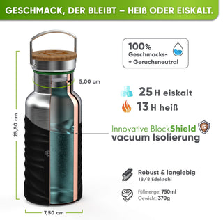 Premium Edelstahl Trinkflasche isoliert mit Silikonmantel | 750ml | Schwarz | Isolierung & Maße