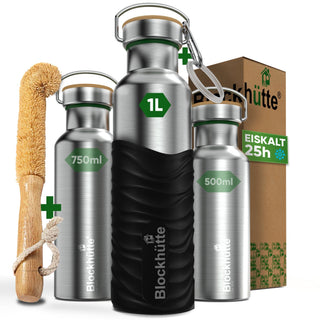Premium Edelstahl Trinkflasche isoliert mit Silikonmantel | 1000ml | Schwarz | Hauptbild