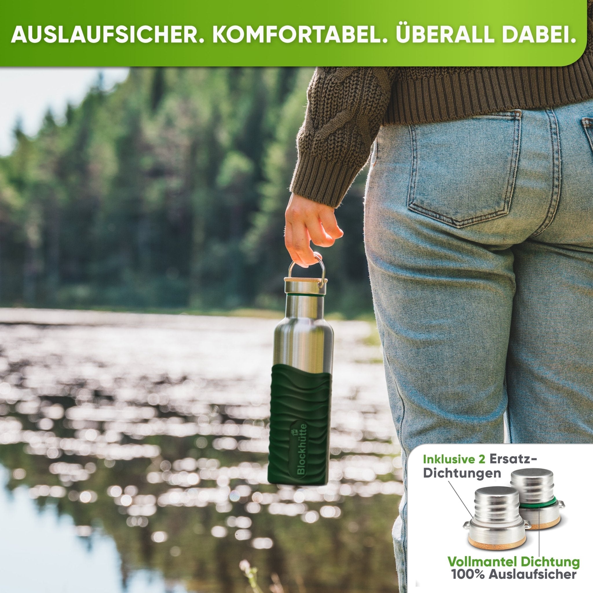 Premium Edelstahl Trinkflasche isoliert mit Silikonmantel | 750ml | Dunkelgrün | Auslaufsicher